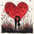 Amour entre silhouettes sous un grand c&oelig;ur